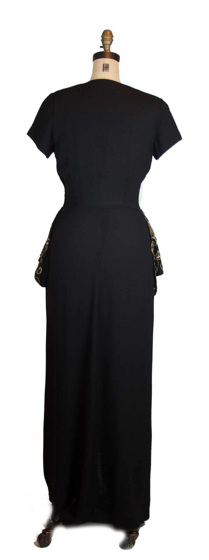 1940s Dress ~ Gold Soutache and Sequin Black Crepe Rayon Evening Gown with Peplum