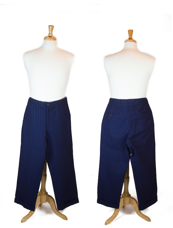 1940s Mens Pants ~ Navy Wool Pinstripe Slacks Shor