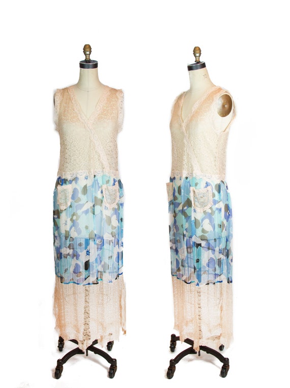 Vintage 1920s Dress ~ Lace and Blue Floral Silk Sh