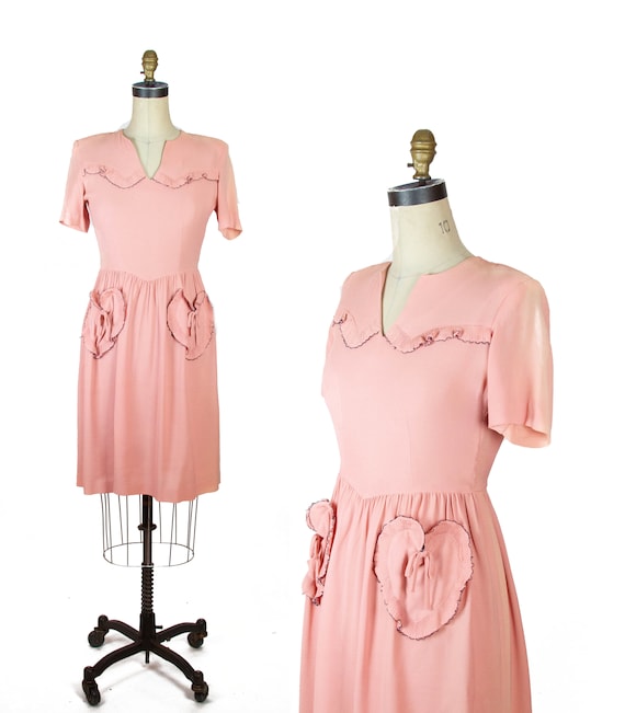 1940s Dress ~ Heart Pocket Pink Short Sleeve Dress