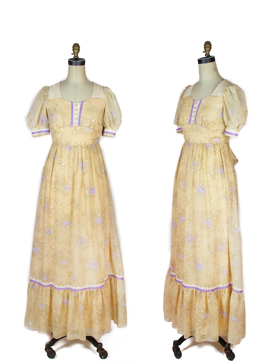 1970s Dress ~ Candi Jones Puff Sleeve Wheat and Vi