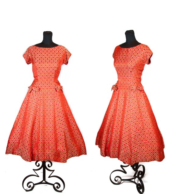 1950s Dress ~ Red Brocade Full Skirt Dress with Bo
