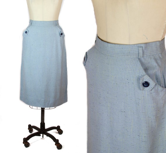 1950s Skirt ~ Blue Pencil Skirt with Pocket Button