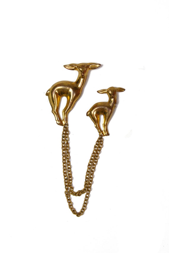 1940s Brooch ~ Brass Mother and Baby Deer Set with