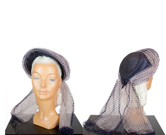 1950s Hat ~ Navy Straw with Veiling Hat
