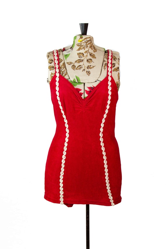 1940s Swimsuit ~ Red Bouclé Swimsuit with White Tr