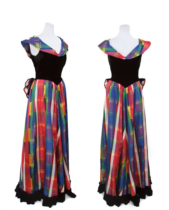 Vintage 1940s Dress ~ Rainbow Plaid Taffeta Full L