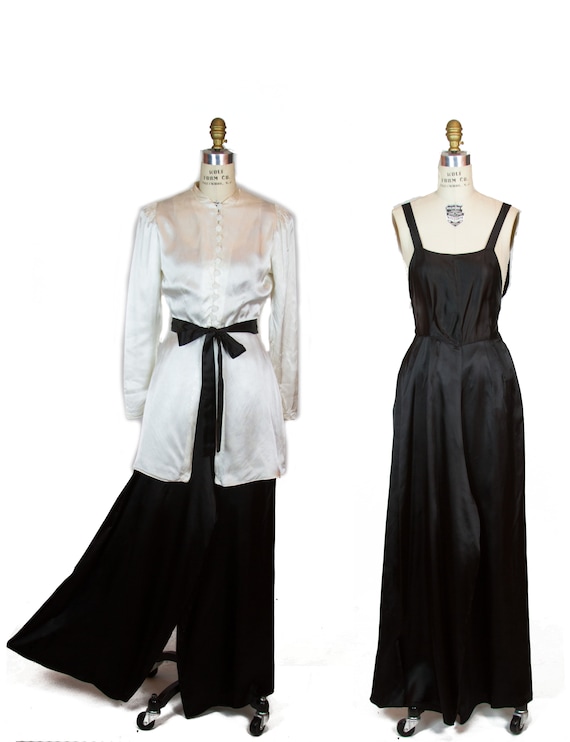 1930s Lounge Set ~ Black and White Satin Jumpsuit