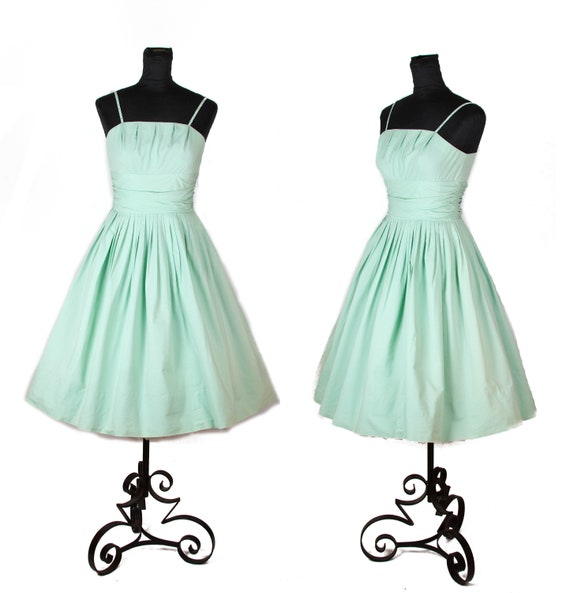 1950s Dress ~ Mint Green Cotton Rhinestone Strap F