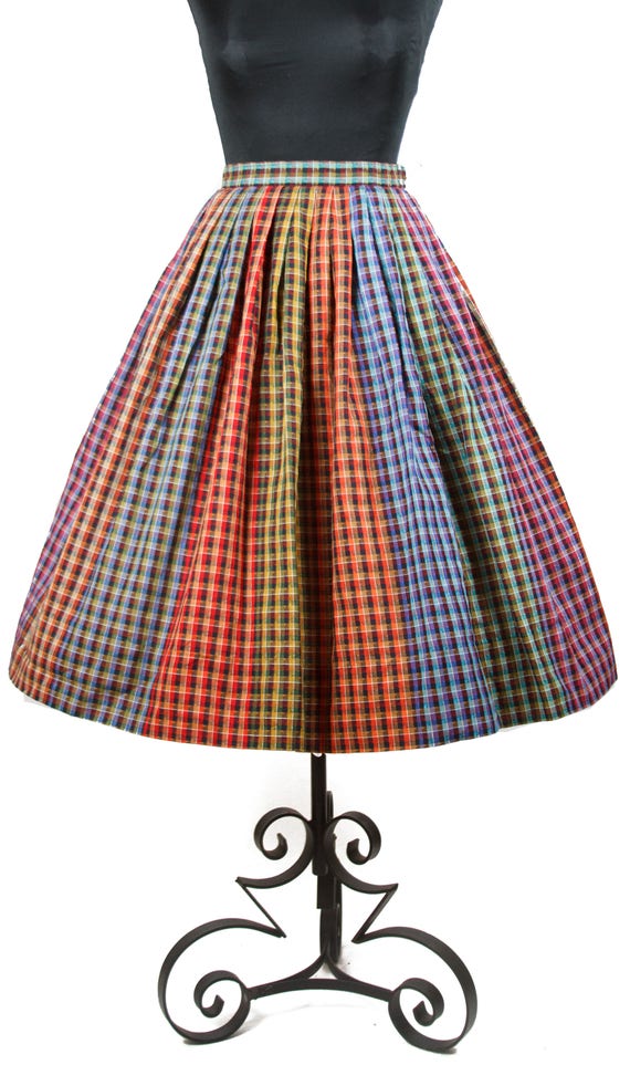 1950s Skirt // Pleated Colorful Plaid Full Skirt