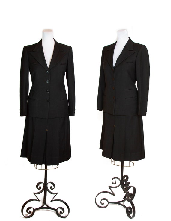 1930s Suit ~ Black Peak Lapel Tailored Skirt Suit