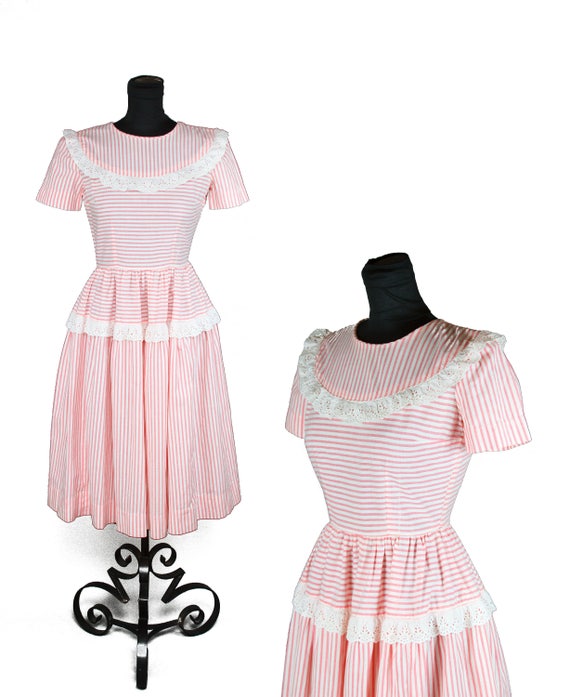 1940s Dress // Pink White Striped Eyelet Lace Ruff