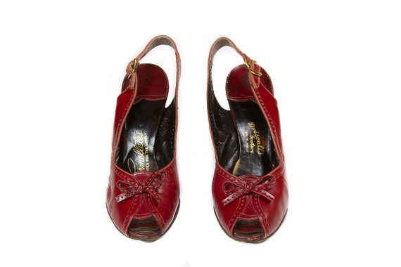 1940s High Heels ~ Red Leather Peep Toe Sling Back