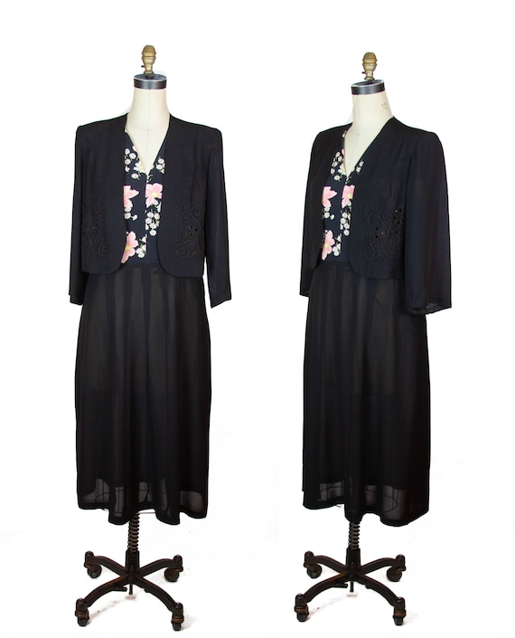 1940s Dress ~ Floral Cold Rayon and Black Faux Bol