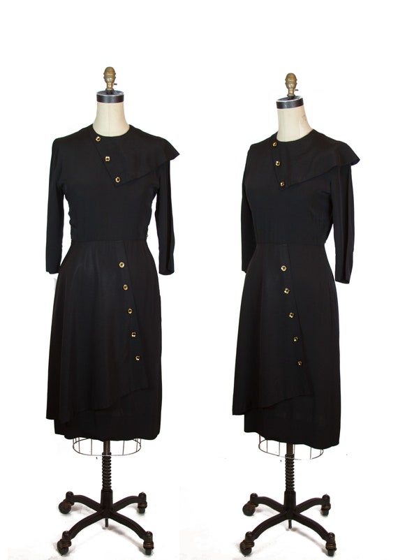 1940s Dress ~ Black Rayon Asymmetrical Button Dres