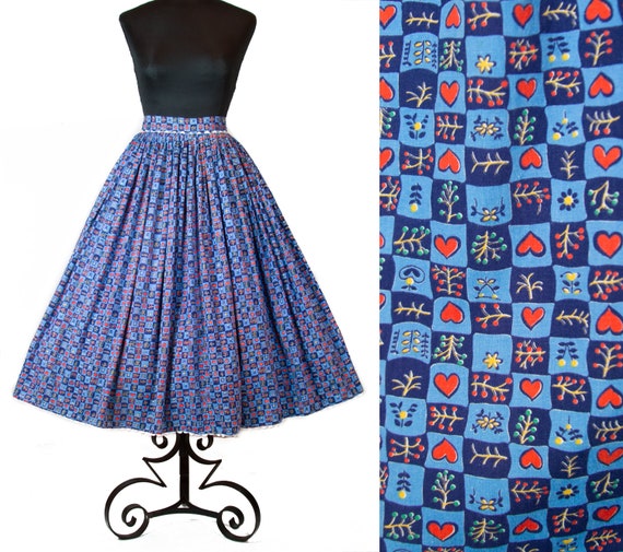 1950s Skirt ~ Heart Novelty Print Blue Cotton Full