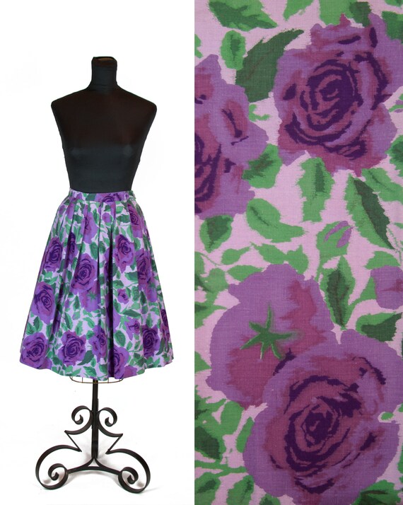 1950s Skirt ~ Purple Rose Cotton Pleated Skirt