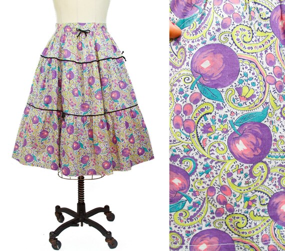 1940s Skirt // Purple Apple Green Paisley