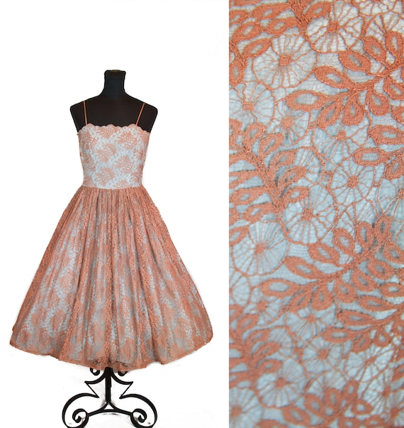 Vintage 1950s Dress ~ Mocha Spiderweb Lace on Blue