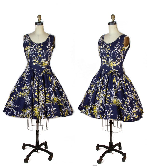 1950s Dress ~ Wheat Print Full Skirt Cotton Sleeve
