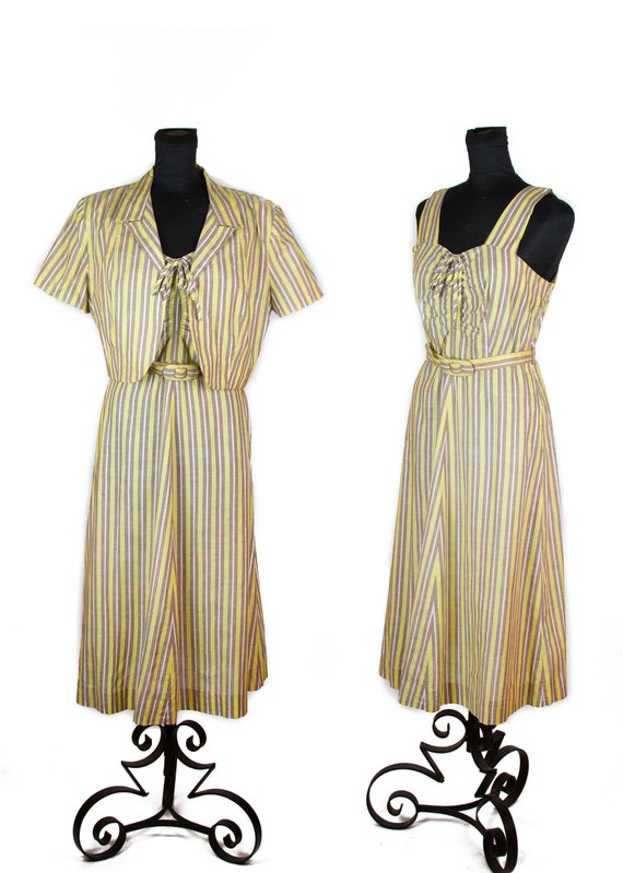 1940s Dress ~ Chartreuse and Taupe Striped Cotton