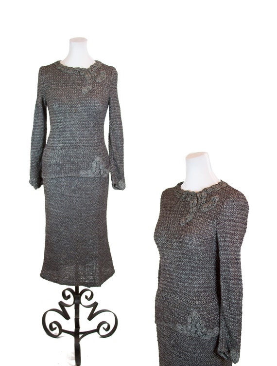 Vintage 1950s Dress ~ Grey Ribbon Knit Dress Skirt
