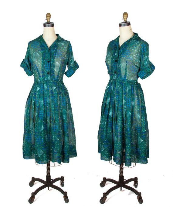 1950s Dress ~ Lightweight Green and Blue Shirtwais