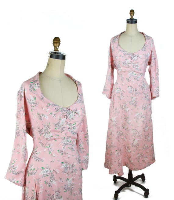 Vintage 1940s Dress ~ Pink Floral Cold Rayon Ruche