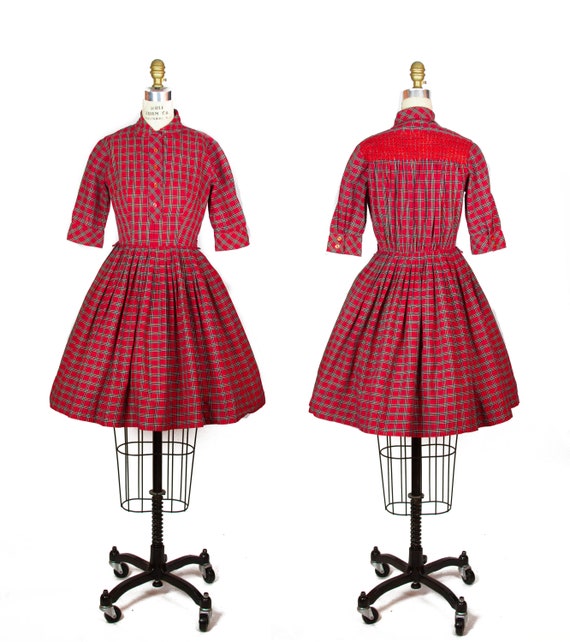 1950s Dress ~ Red Plaid Cotton Full Skirt Dress wi