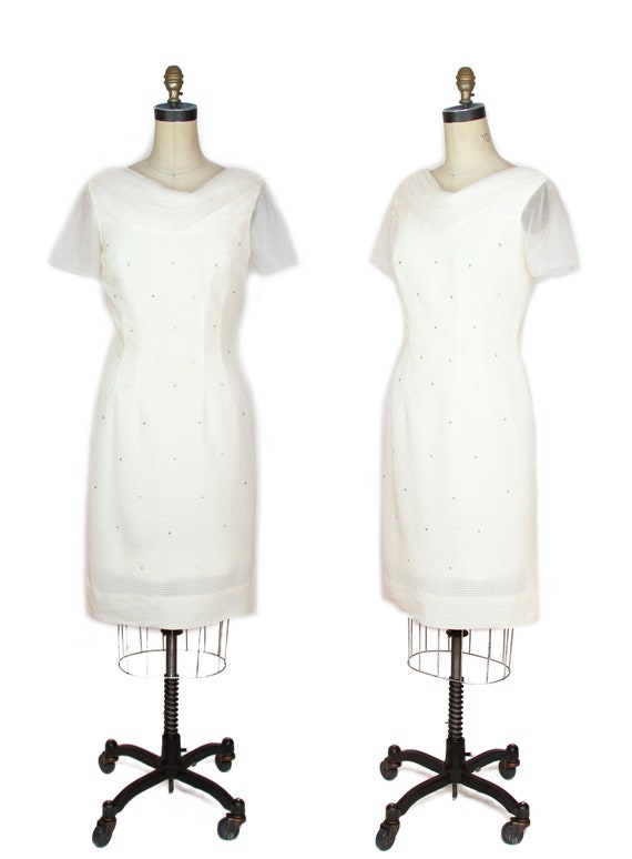 1950s Dress ~ Rhinestone Studded White Nylon Wiggl