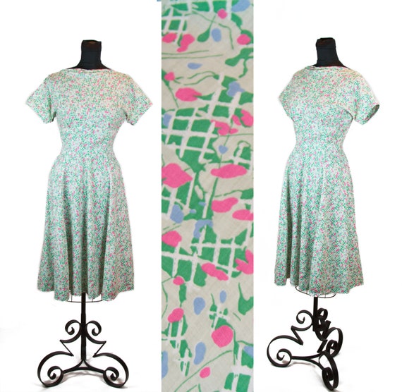 Vintage 1940s Dress ~ 1950s Dress ~ Abstract Green