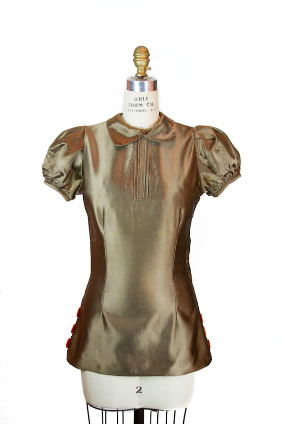1930s Blouse ~ Brass Satin Puff Sleeve Art Deco To