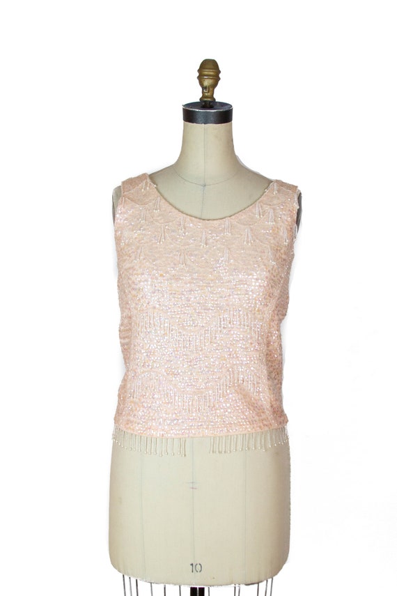 1950s Top ~ Pink Beaded Sequin Sweater Top