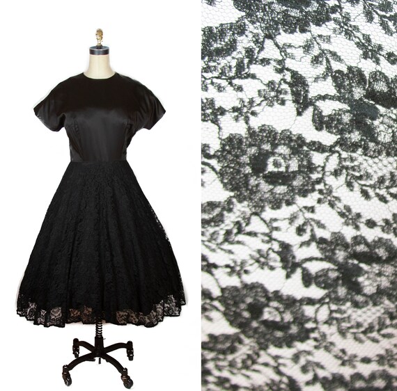 1950s Dress ~ Black Lace Full Skirt Satin Bodice G