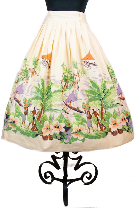 Vintage 1950s Skirt ~ Hawaiian Novelty Border Prin