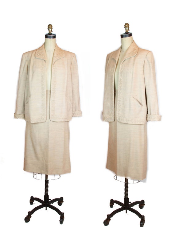 1950s Suit ~ Oatmeal Trapunto Boxy Skirt Suit Set