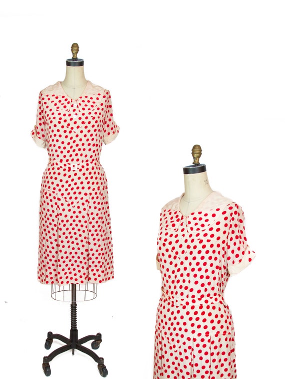 1920s Dress ~ Red Polka Dot Silk Pleated Skirt Fla