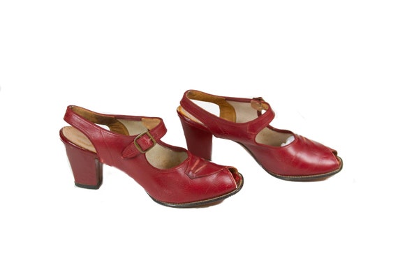 1940s Shoes ~ Red Peep Toe Sling Back Red Cross Sh