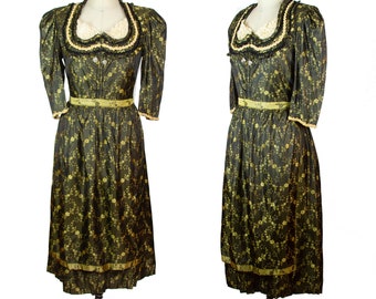 1950s Dirndl Dress ~ Sharkskin Taffeta Brocade Lace Bust Dress with Apron Oktoberfest