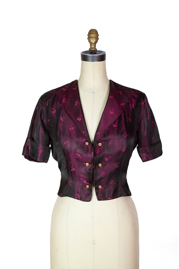 1950s Jacket ~ Plum Sharkskin Satin Short Sleeve J