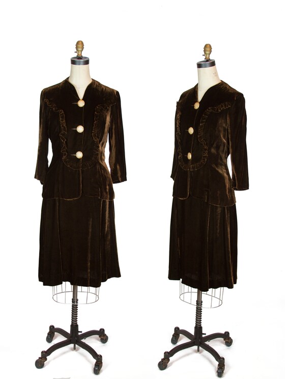 1940s Dress Set ~ Chocolate Brown Velvet Ruffle Bo