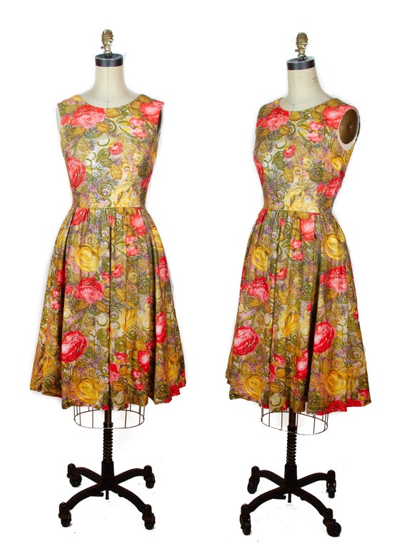 1950s Dress ~ Bright Floral Cotton Sleeveless Sund