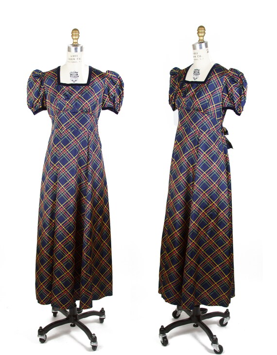 1930s Dress // Blue Plaid Puff Sleeve Full Length