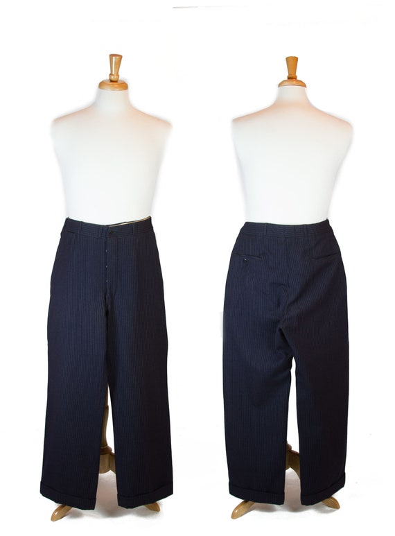 1930s Mens Pants ~ Navy Button Front Pinstripe Sla
