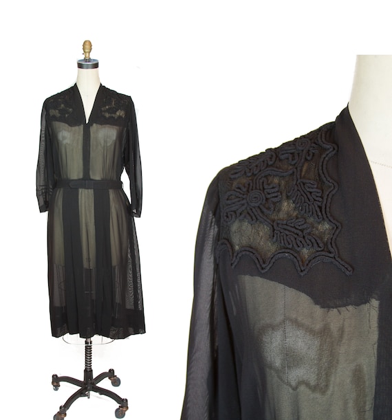 1940s Dress ~ Black Sheer Rayon Soutache Trim and
