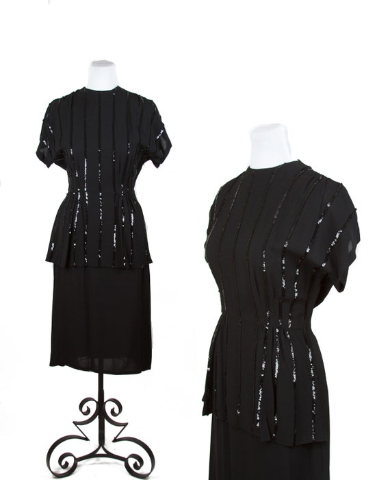 Vintage 1940s Dress ~ Black Striped Sequin Peplum