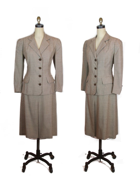 1940s Suit ~ Brown and Ivory Houndstooth Jacket Sk