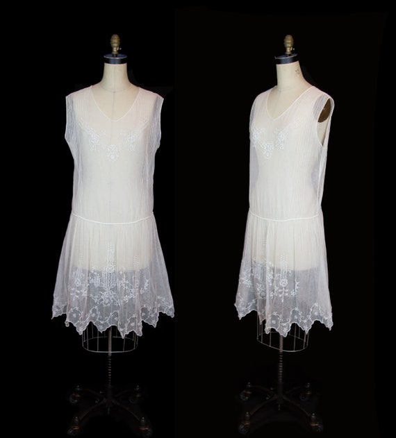 Vintage 1920s Dress White Embroidered 