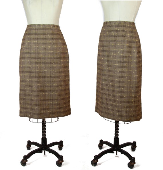1950s Skirt ~ Brown Plaid Wool Pencil Skirt