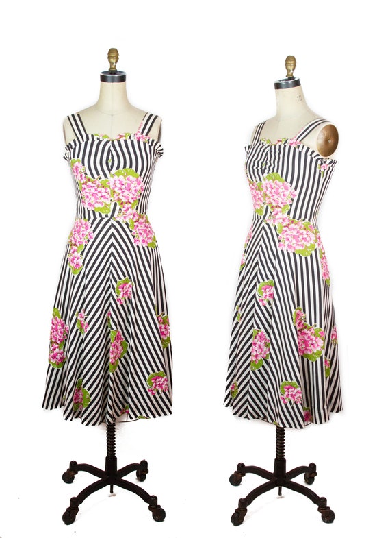 1940s Dress ~ Black and White Striped Hydrangea Co